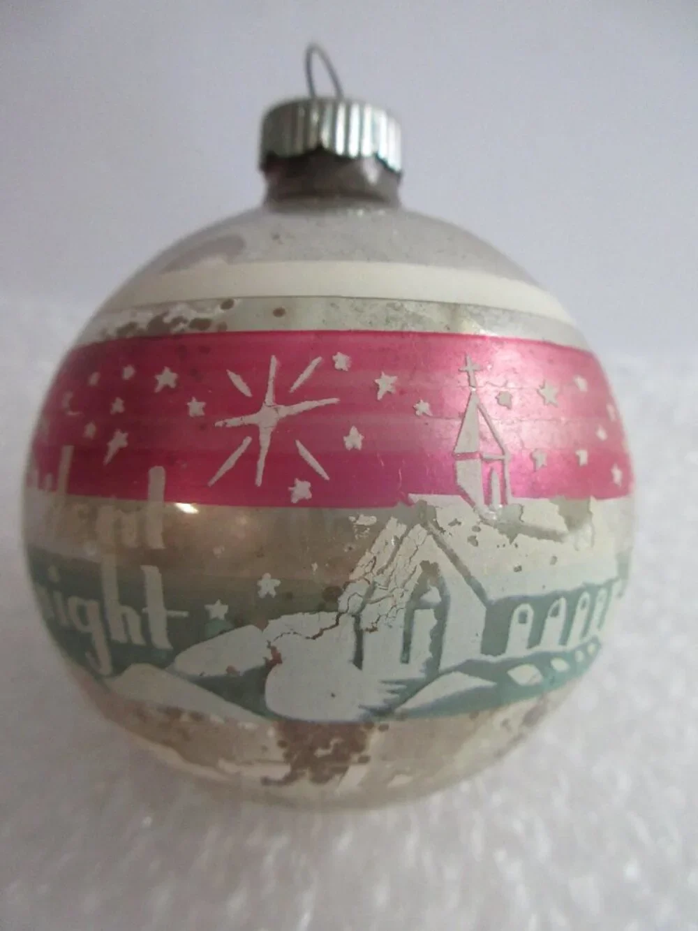 Shiny Brite Stencil Silent Night Pink Blue Striped Glass Christmas Ornament Vtg